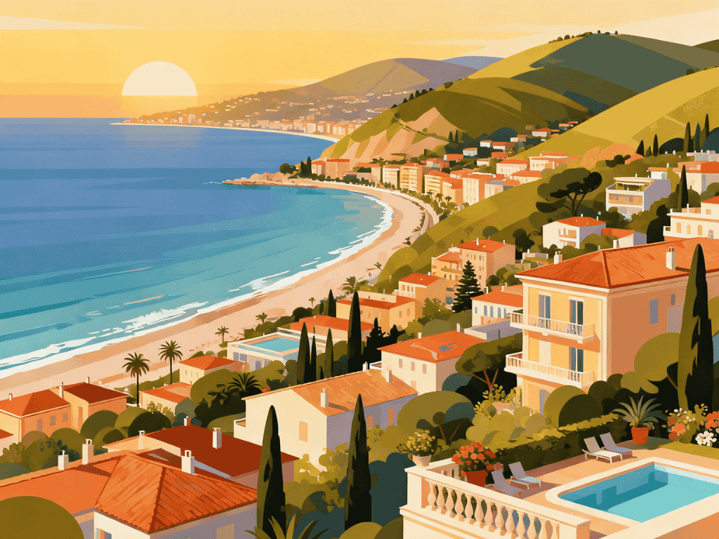 Panoramic coastal view of Nice French Riviera showing seaside properties, city center and hillside residential areas