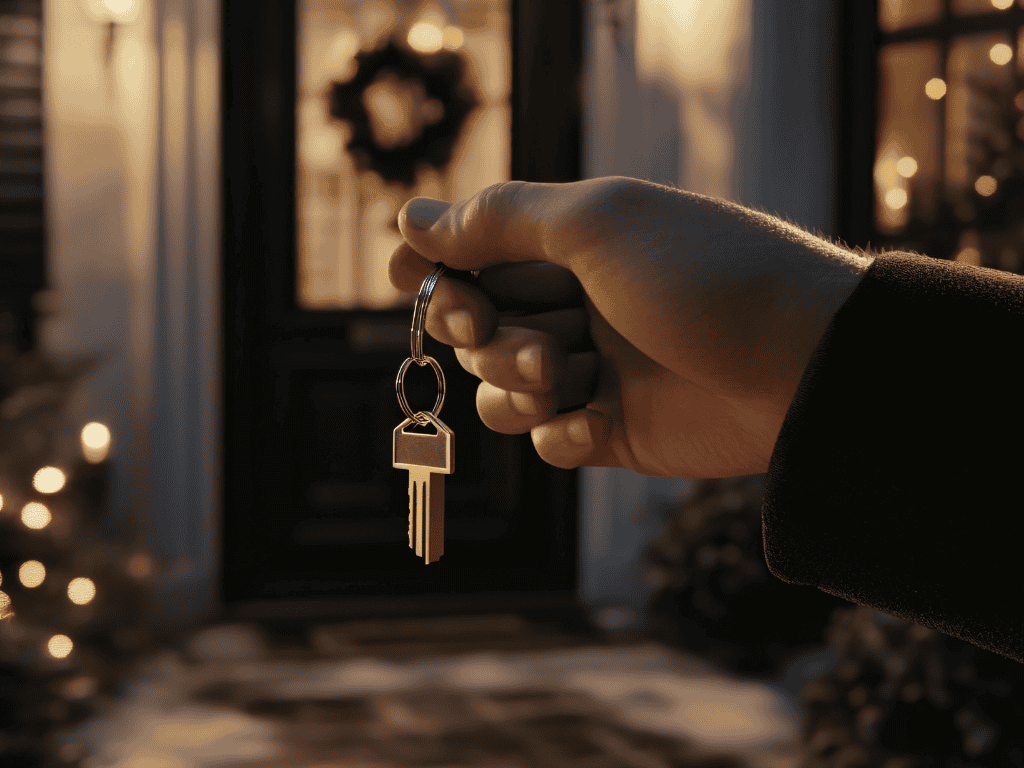 Buyer’s agent securing a luxury property with keys in hand in front of a high-end home entrance