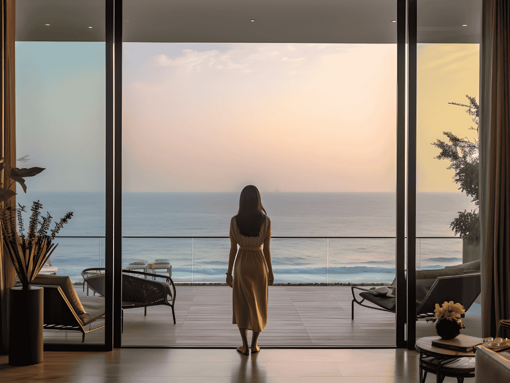 Investor looking at sea view from luxury apartment in Nice French Riviera