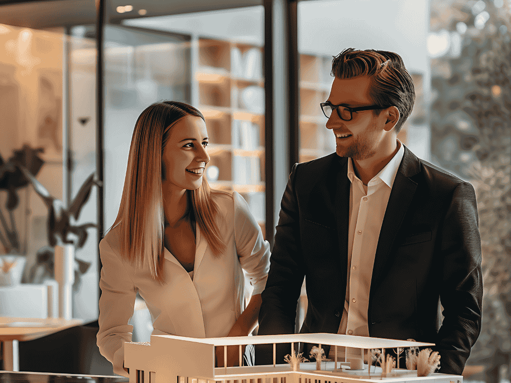 Couple reviewing luxury apartment options with real estate advisor to identify the right property in Nice