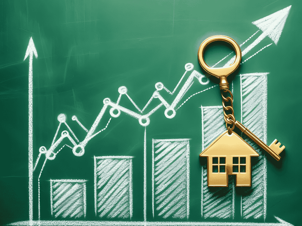 Real estate investment concept with growth chart and house key representing different investment objectives