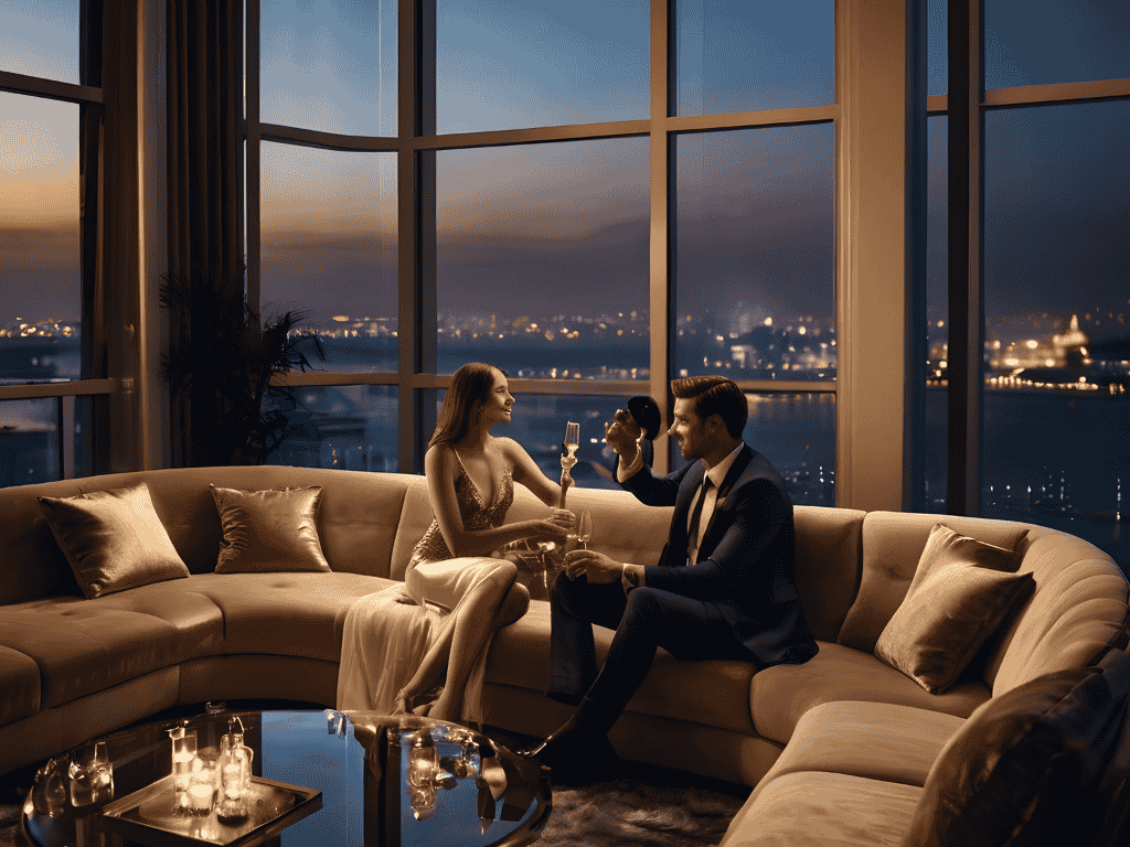 International couple enjoying a luxury apartment in Nice with panoramic evening view French Riviera