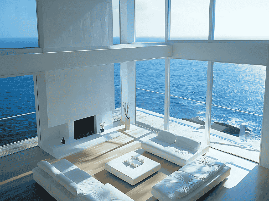 Luxury apartment interior in Nice with floor-to-ceiling windows and panoramic sea view