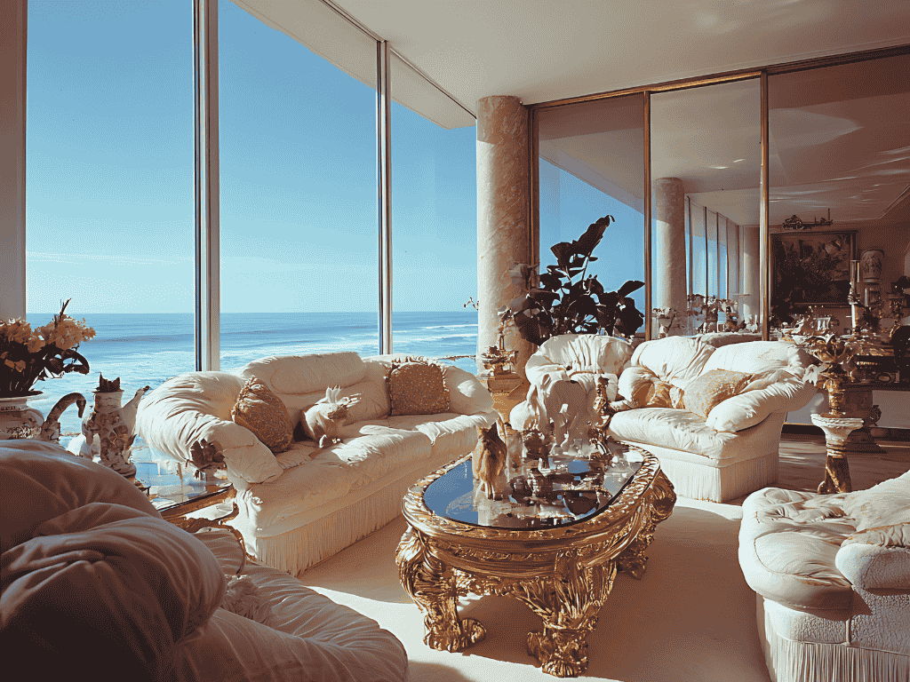 Luxury apartment interior with panoramic sea view in Nice French Riviera