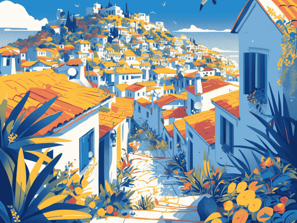 Colorful Mediterranean village with sea view and traditional architecture illustrating lifestyle and property investment in Nice French Riviera