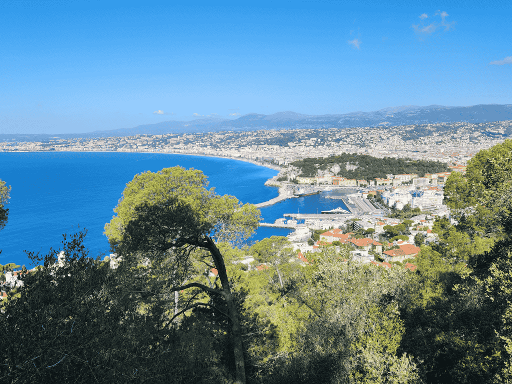 Panoramic view of Nice bay, city and port from elevated viewpoint on the French Riviera