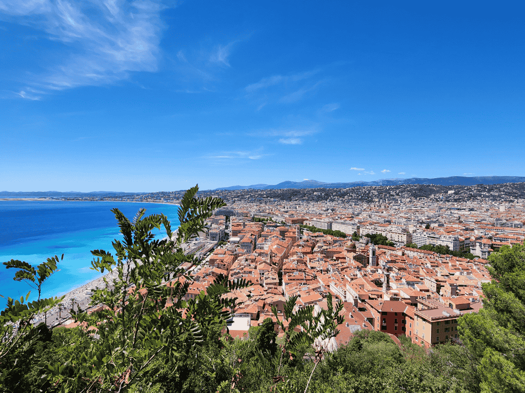 Panoramic view of Nice Old Town and Mediterranean coastline from Castle Hill