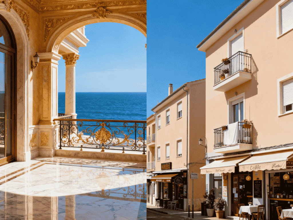 Comparison between luxury sea view property and standard residential building in Nice illustrating real estate price positioning