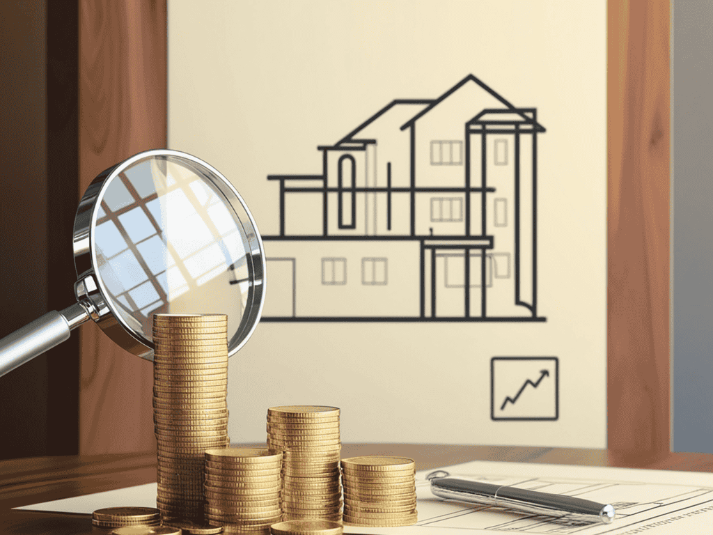 Price analysis of luxury real estate in Nice with coins, magnifying glass and property valuation concept