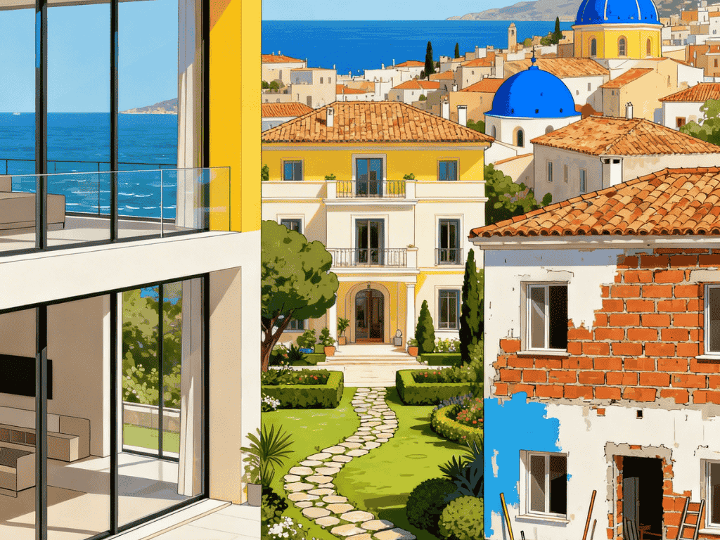 Different real estate investment strategies in Nice showing modern apartment, villa and renovation property with Mediterranean sea view