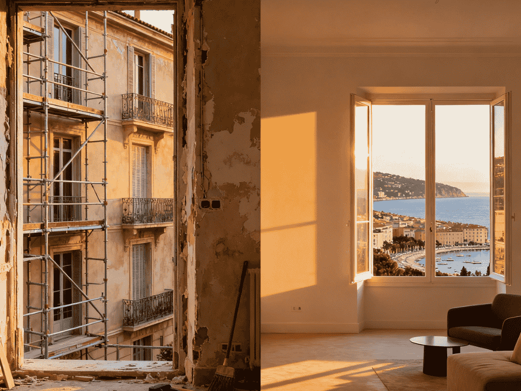 Split view showing property renovation in Nice from old building to modern apartment with sea view
